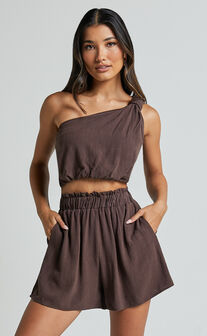 Raylene Two Piece Set - Linen Knotted One Shoulder Top and Paper Bag Waist Shorts in Tobacco