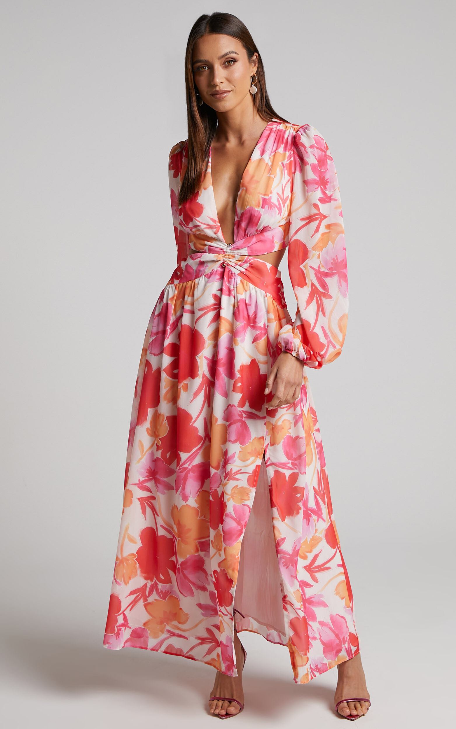 Emilee Midi Dress - Side Cut Out Long Sleeve Plunge Dress in Pink