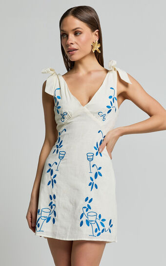 Tia Mini Dress - Tie Strap Deep V Neck Shift Dress in Natural