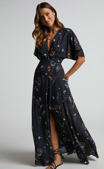Erenza Maxi Dress - Extended Sleeve Wrap Dress in Black Flower Field