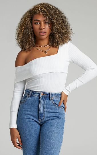 Harvie Assymmetrical Neckline with Long Sleeve Top in White