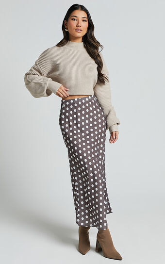 Sofia Midi Skirt - Bias Cut Satin Slip Skirt in Chocolate Spot