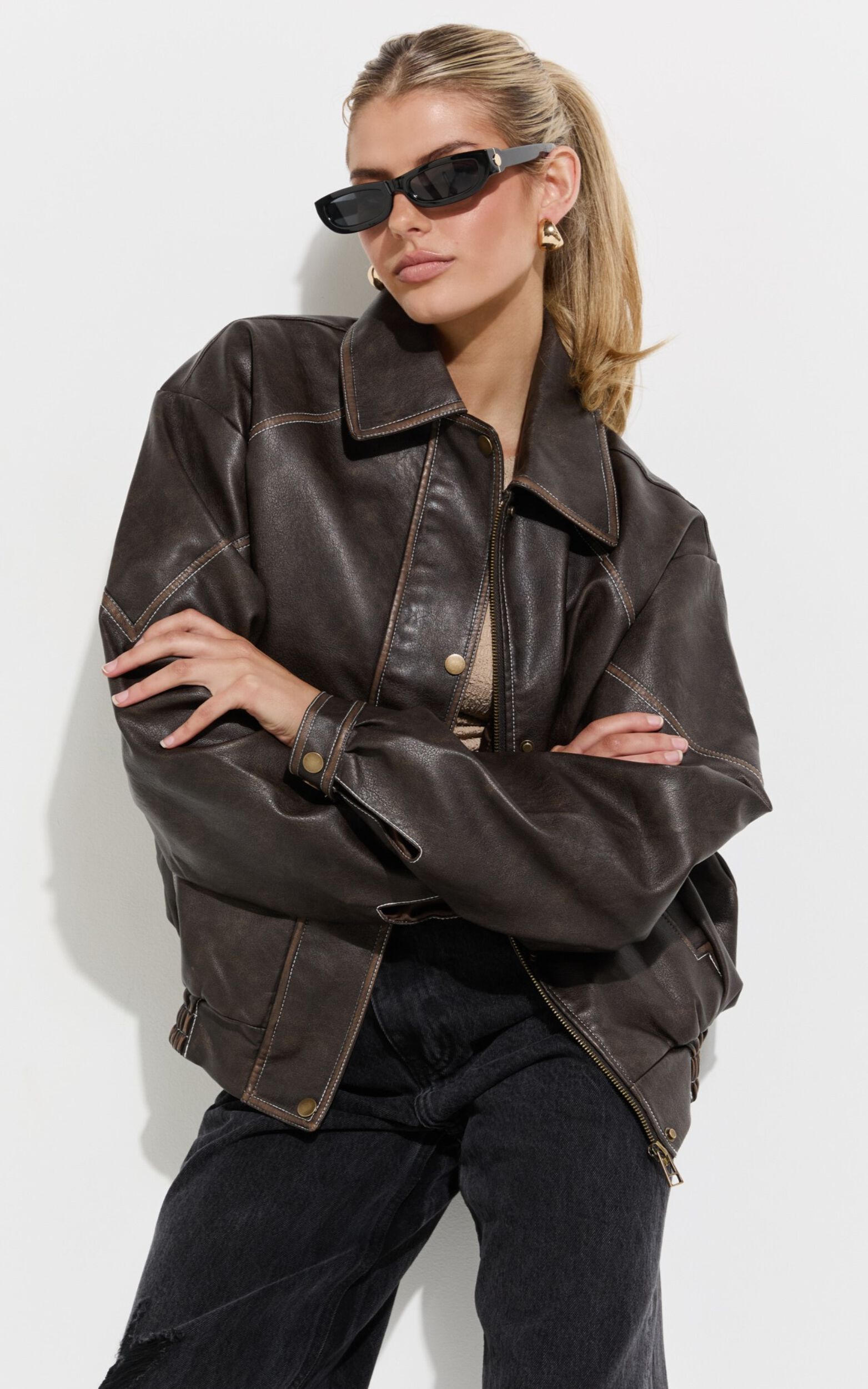 Gail Jacket - Faux Leather Bomber Jacket in Washed Brown - L, BRN1