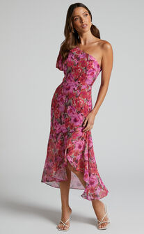 Clabelle Midi Dress - One Shoulder Ruffle Tulip Hem Dress in Violette Blur Floral