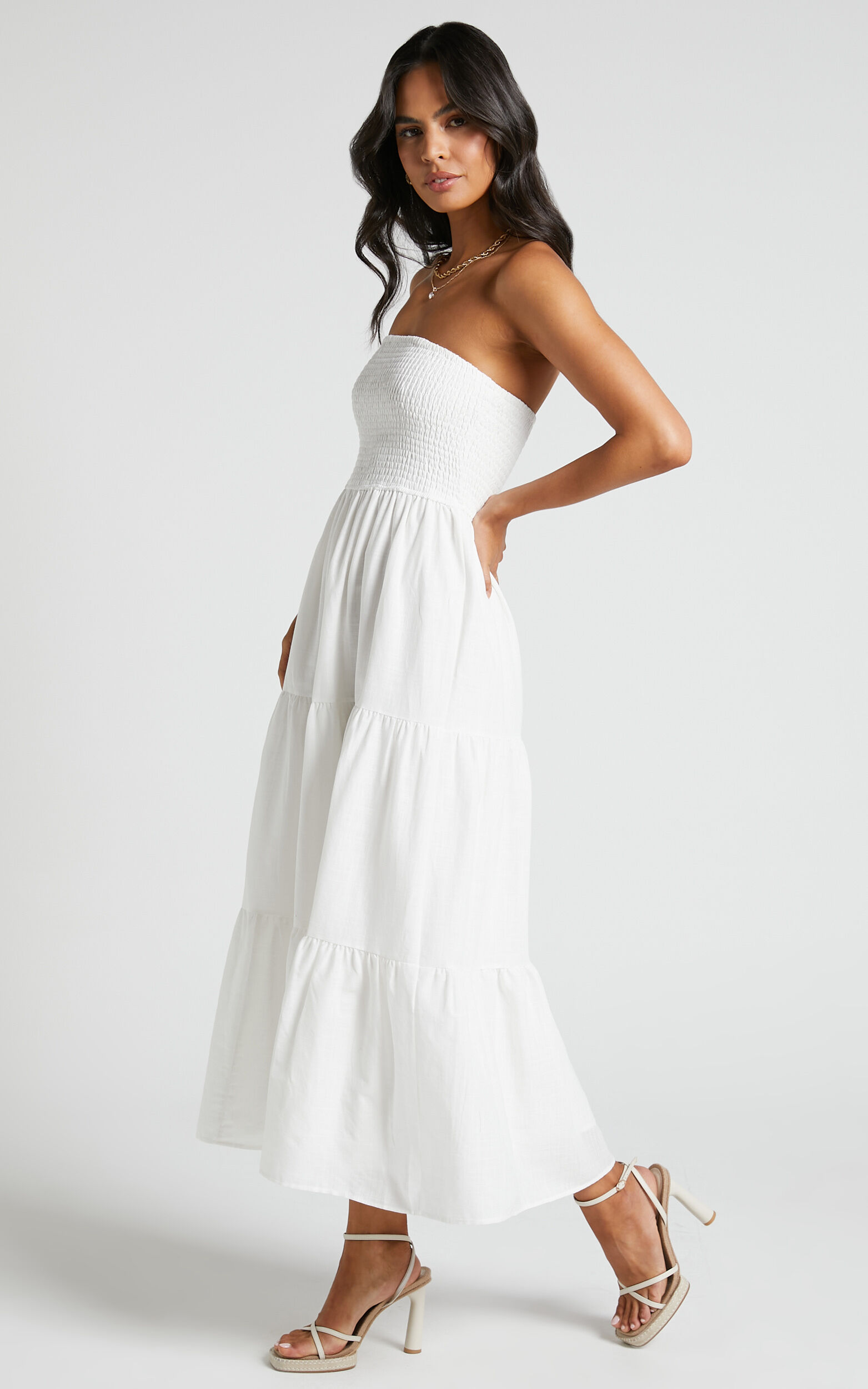Zoe Midi Dress Strapless Shirred Bodice Tiered Dress in White