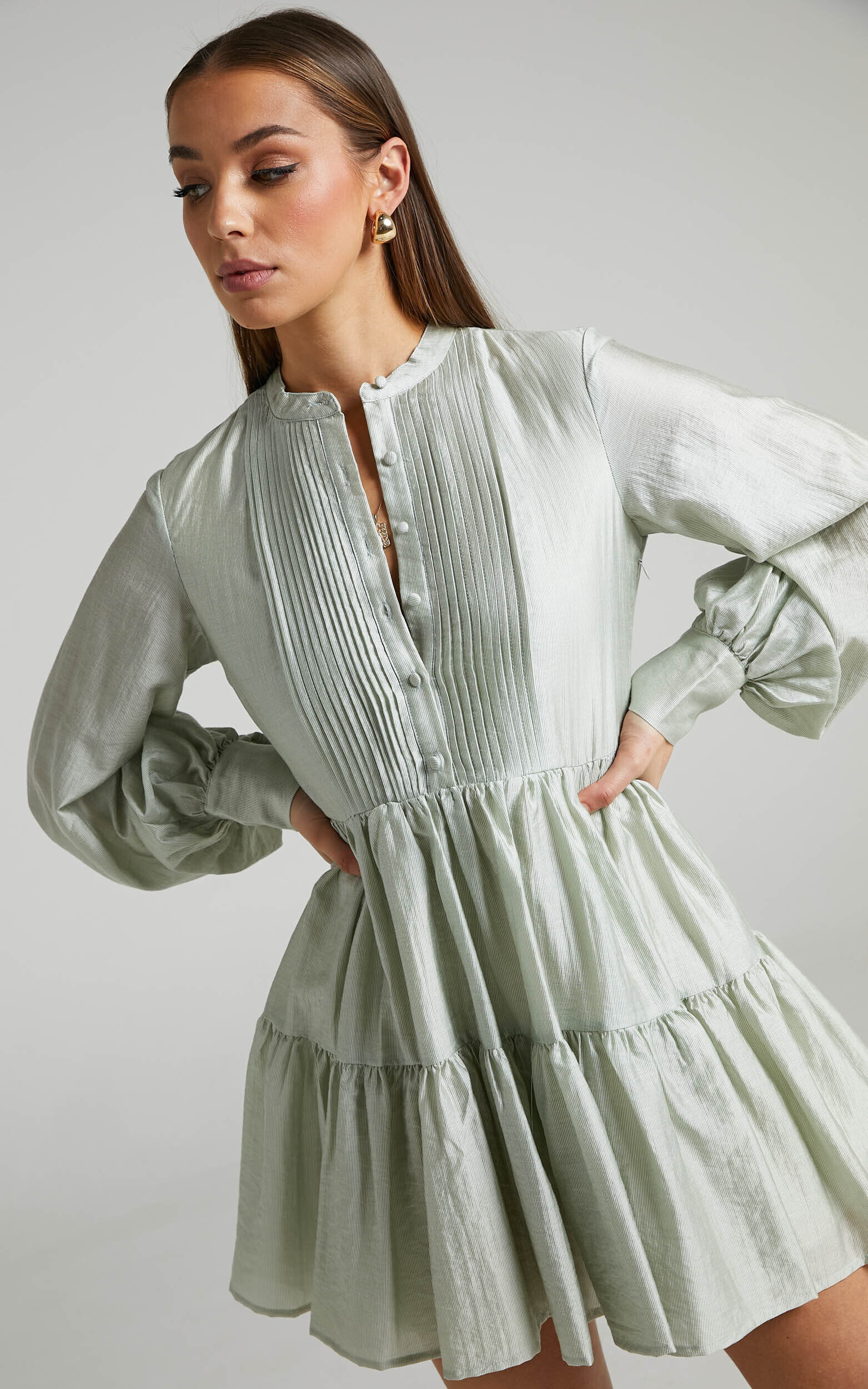 Kyra Mini Dress - Pin Tuck Detail Tiered Shirt Dress in Sage - 06, GRN1