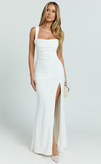 Tabitha Maxi Dress - Cowl Neck High Split Dress in Ivory