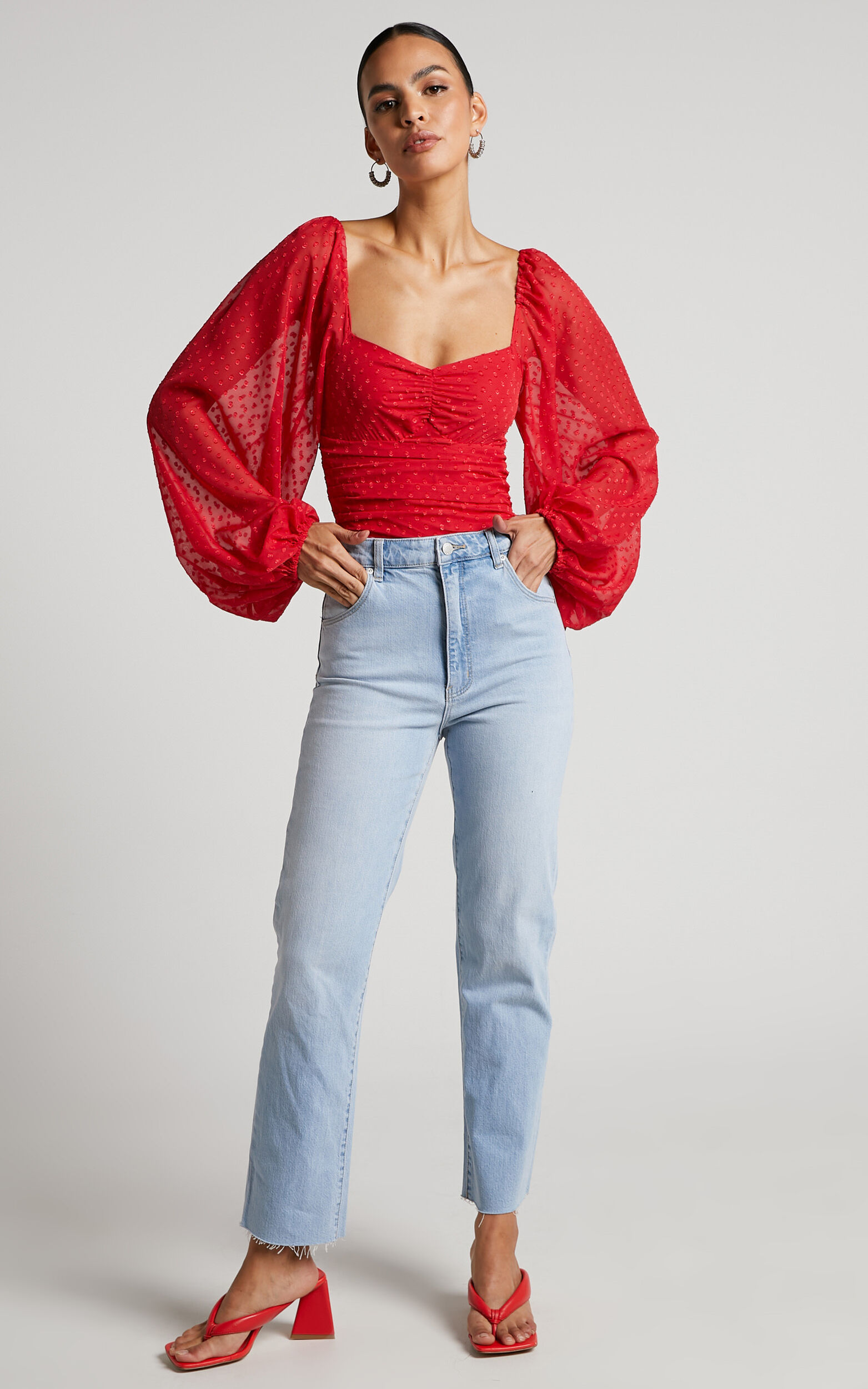 Conny Bodysuit - Spotted Balloon Sleeve Sweetheart Bodysuit in Red - 04, RED2
