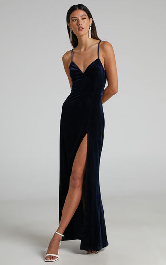 Diamona Midi Dress - Velvet Thigh Split V Neck Dress in Navy