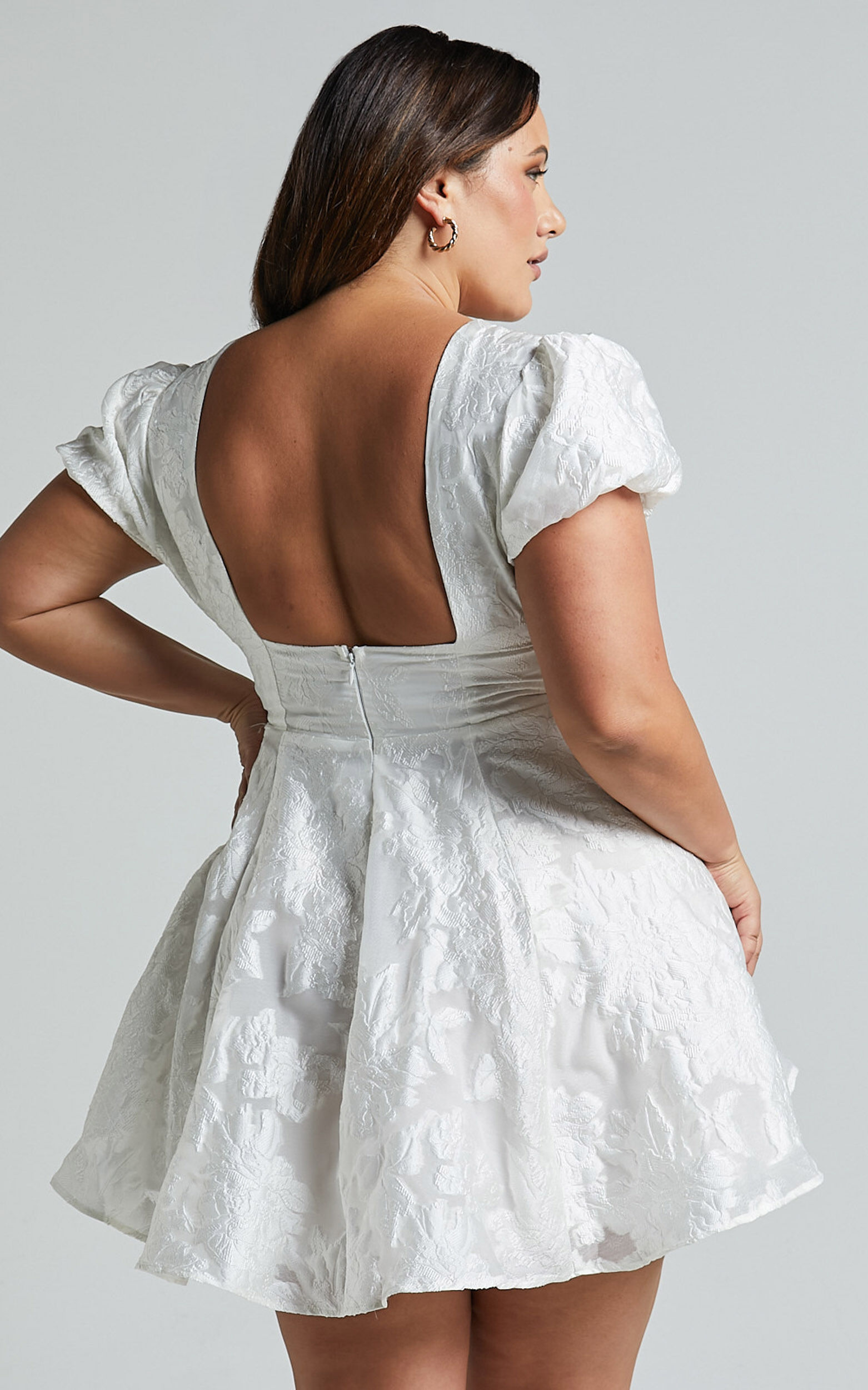 Brailey Jacquard Mini Dress - Puff Sleeve Dress in White Brailey Jacquard Mini Dress - Puff Sleeve Dress in White