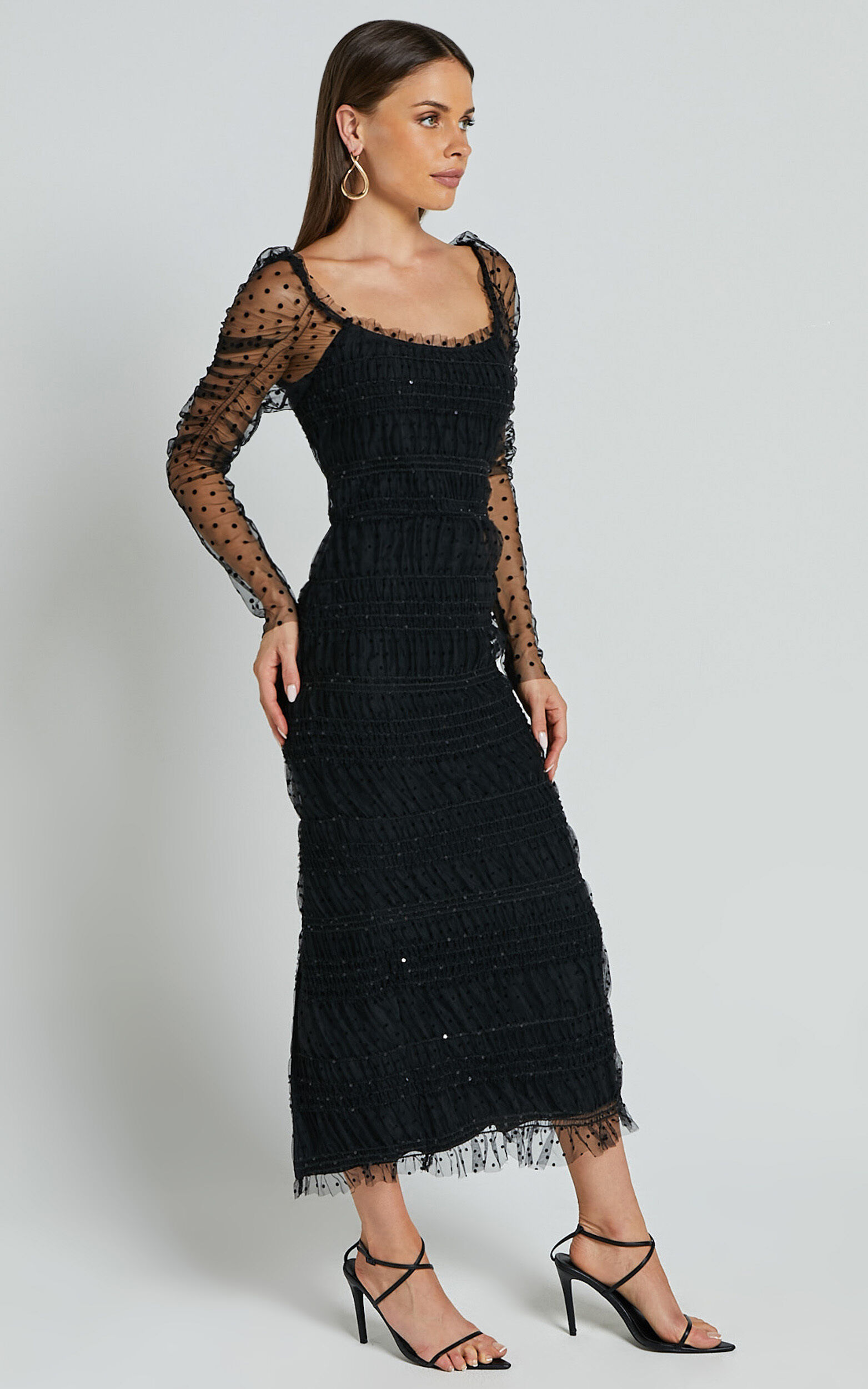 Evelyn Midi Dress - Long Sleeve Shirred Tulle Dress in Black Polka ...