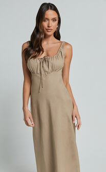 Lucas Midi Dress - Ruched Bust Linen Look Dress in Tobacco