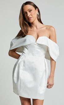 Demelza Mini Dress - V Bar Off Shoulder Satin Dress in Ivory