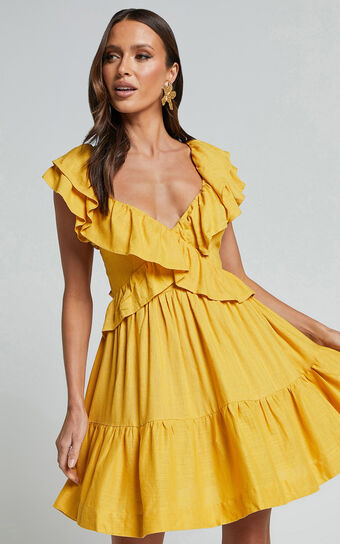 Amalie The Label - Hescia Linen Blend Frill Detail Low Back Mini Dress in Warm Yellow Gold