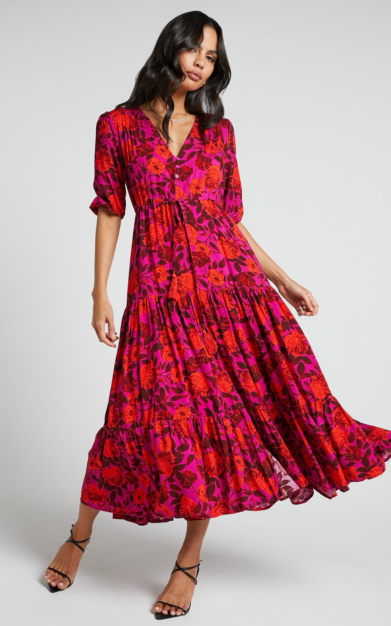 Waiting So Long Midi Dress - V Neck Thigh Split Dress in Pink Floral - 06, PNK1