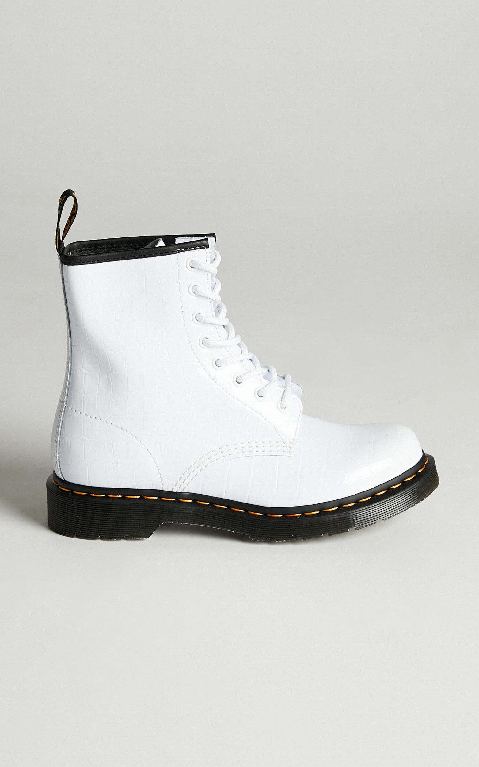 Dr. Martens 1460 W 8 Eye Boot in White Patent Lamper Croc Emboss Showpo