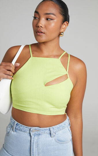 Patchico Linen Blend Top - Split Bust Crop Top in Lime