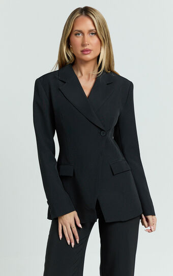 Sally Blazer - Cross Over Fitted Tailored Blazer in Black