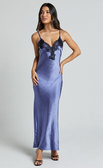 Ofeliya Midi Dress - Lace Trim Satin Slip Dress in Cornflower Blue