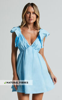 Raiza Mini Dress - Ruffle Sleeve Tie Back Plunge Dress in Bright Blue