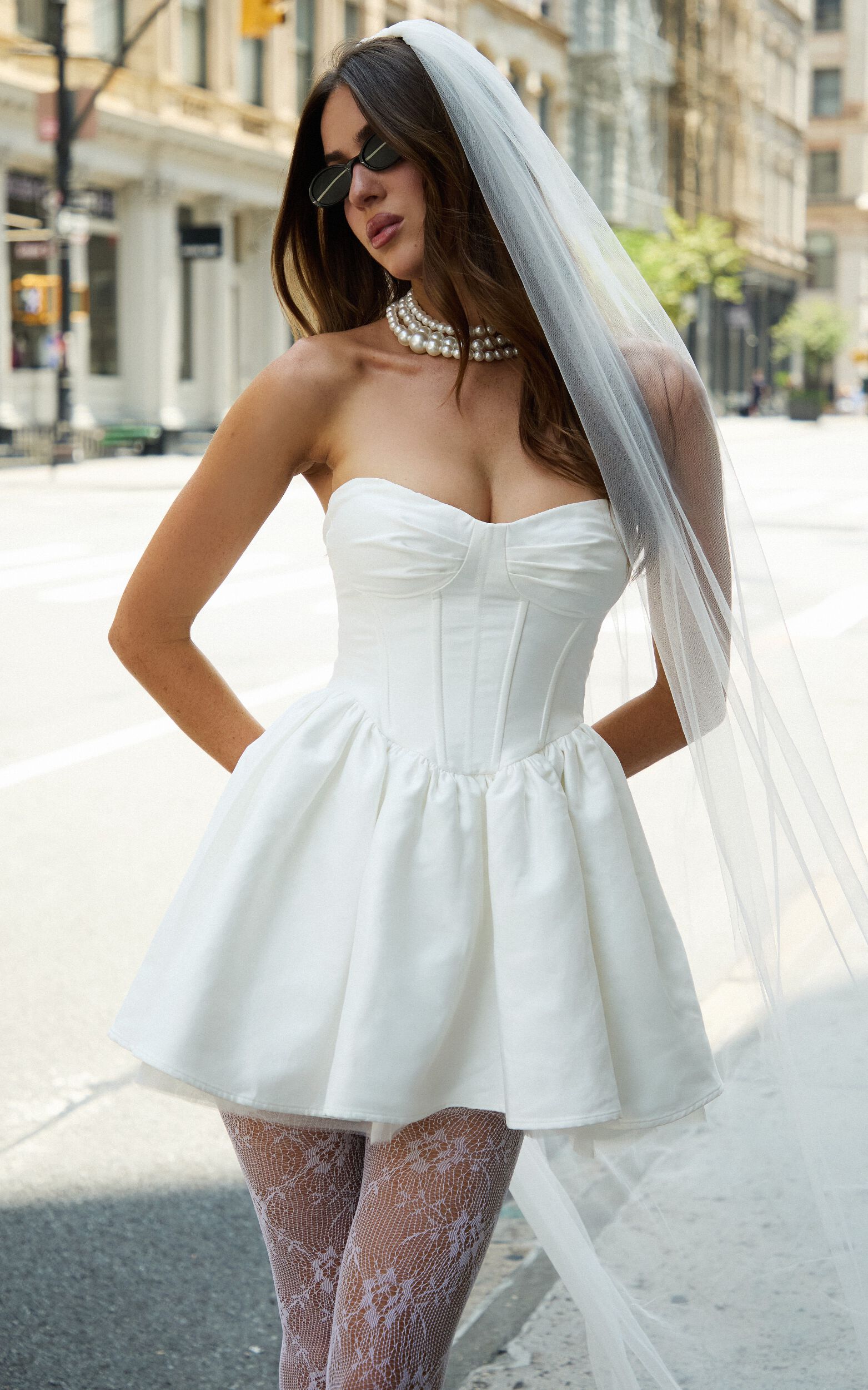 Charlize Mini Dress - Satin Sweetheart V Waist Fit And Flare Dress in White - 06, WHT1