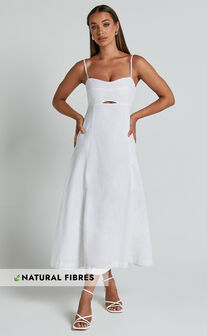 Amalie The Label - Carietta Linen Blend Strappy Sweetheart Cut Out A Line Midi Dress in White