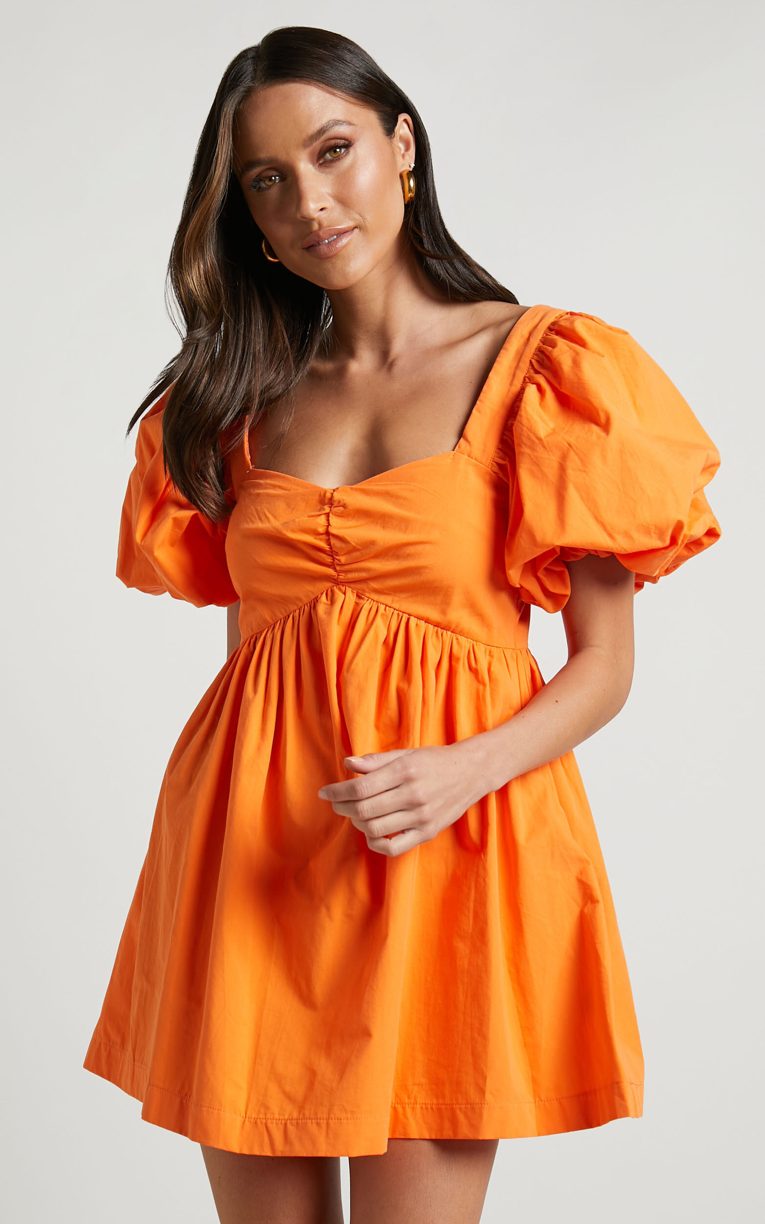 Vashti Mini Dress Puff Sleeve Sweetheart Dress in Orange