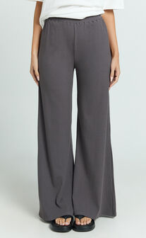 Amalthea Pants - High Waisted Jersey Rib Wide Leg Pants in Charcoal