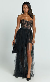 Harley Maxi Dress - Lace Strapless Fit And Flare Dress with Detachable Skirt in Black