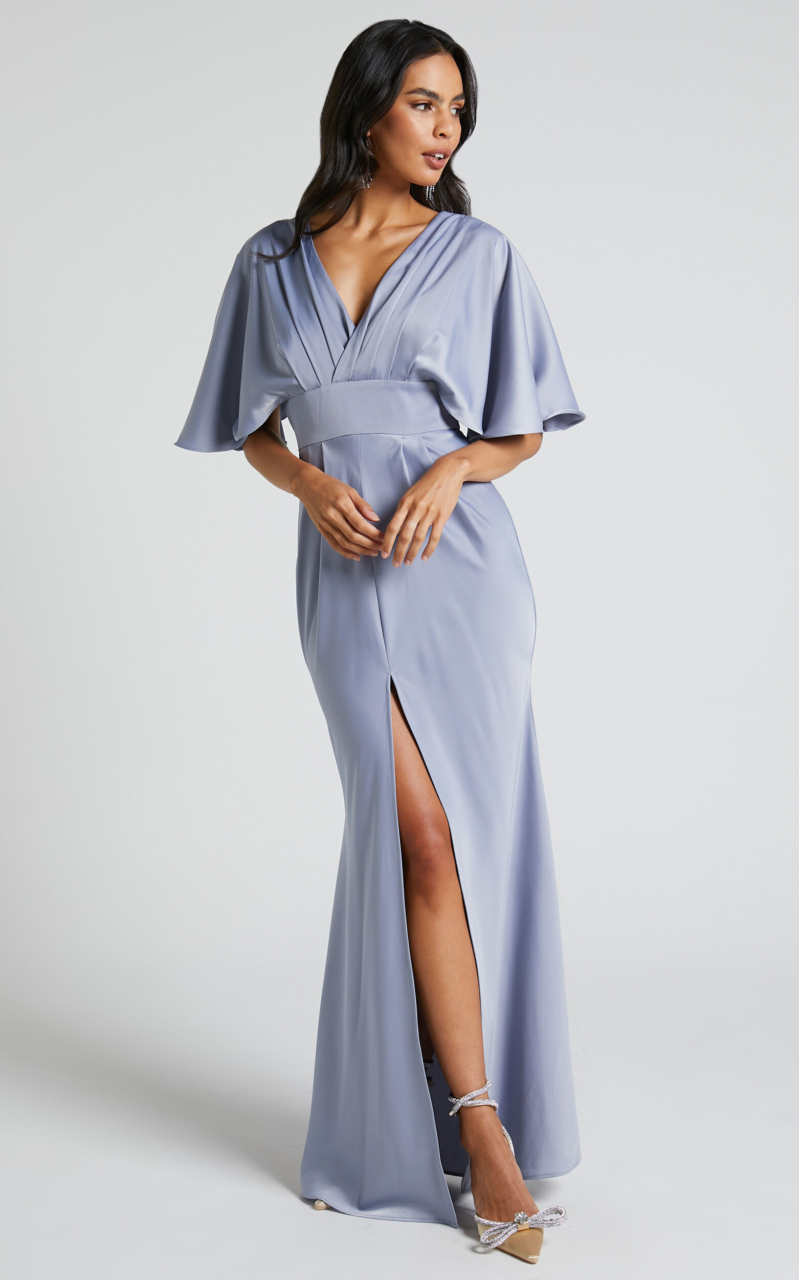 Gemalyn Midi Dress - Angel Sleeve V Neck Split Dress in Sky