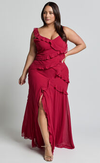 Nitha Maxi Dress - Asymmetrical Frill Thigh Split Dress in Berry