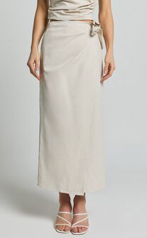 Genna Midi Skirt - Linen Look Wrap Skirt in Natural