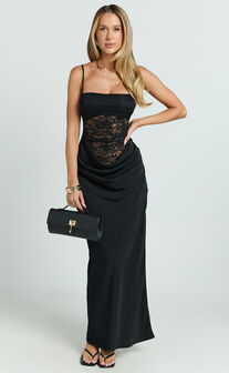 Rania Maxi Dress - Contrast Lace Bodice Bias Cowl Drop Waist Dress in Black