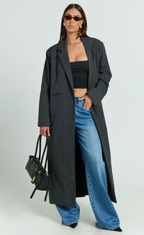 Camille Coat - Pinstripe Single Breasted Longline Coat in Charcoal