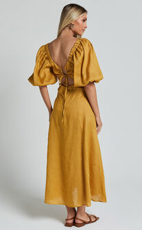 Amalie The Label - Zoya Linen Short Puff Sleeve Backless Maxi Dress in Gold