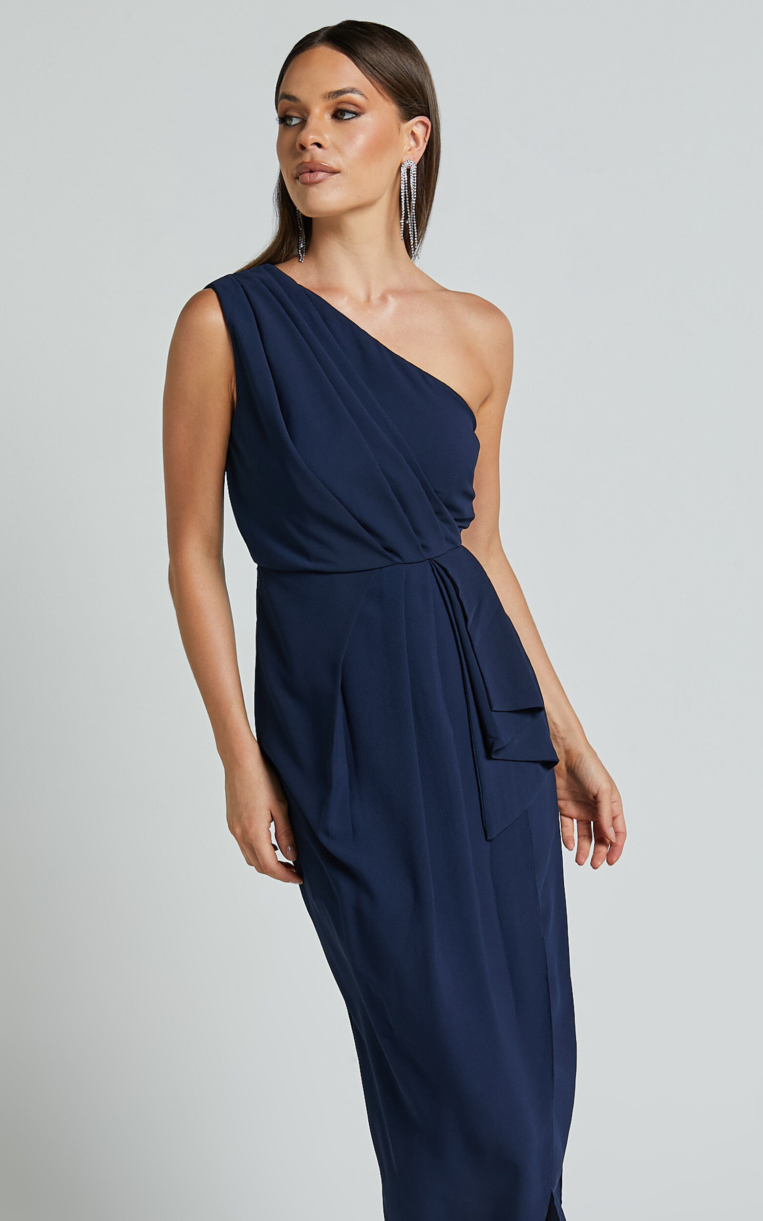 Namaari Midi Dress Faux Wrap One Shoulder Dress in Navy Showpo