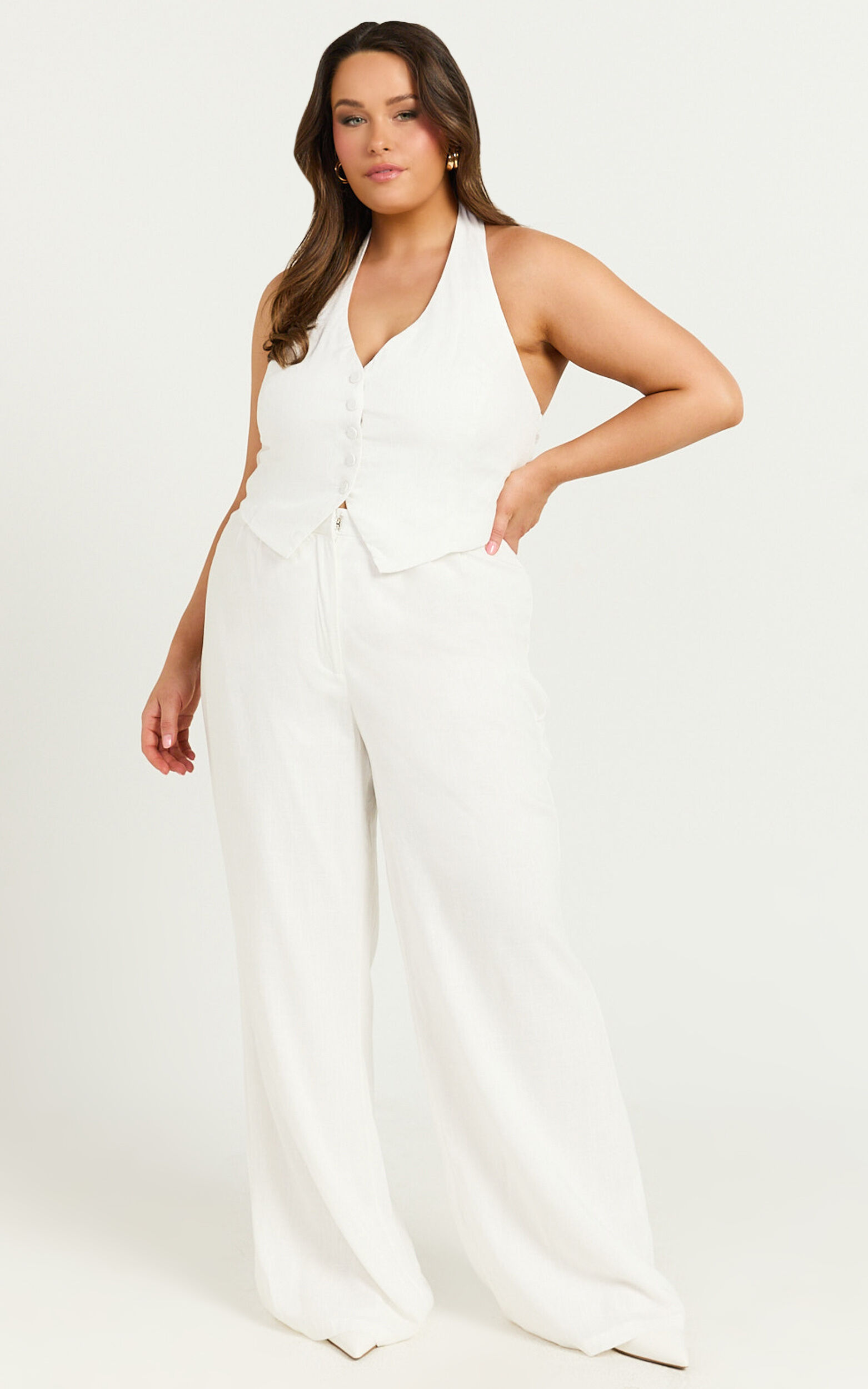Linette Jumpsuit Halter Neck Button Through Vest Tailored Wide Leg Jumpsuit in White Showpo EU