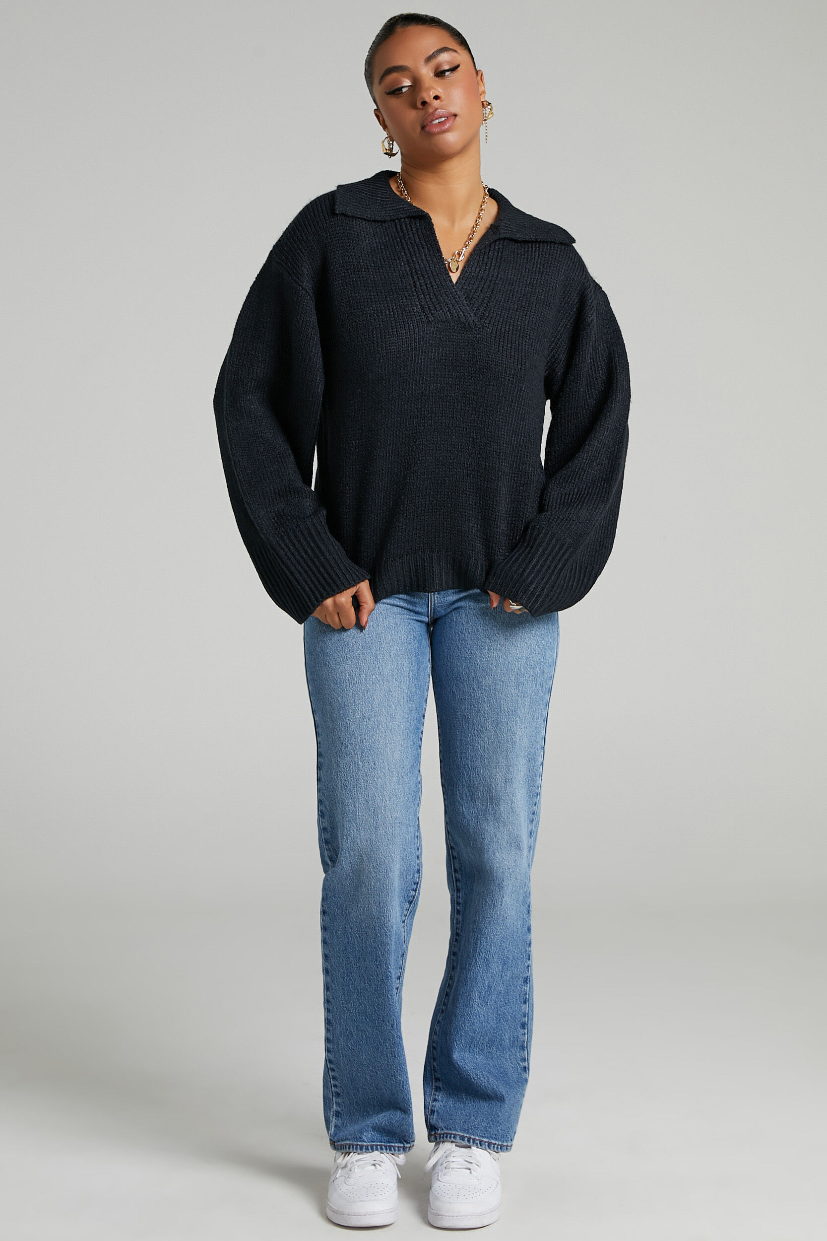 Lila Collared Knit Jumper in Black Showpo