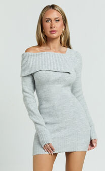 Tess Mini Dress - Asymmetric Off Shoulder Long Sleeve Knit Dress in Light Grey Marl