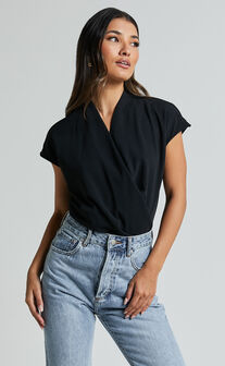 Lucianne Top - Short Sleeve Draped Top in Black