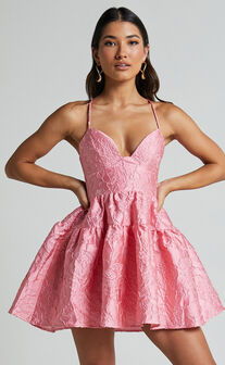 Clare Mini Dress - Bust Panel Jacqauard Full Skirt Dress in Pink