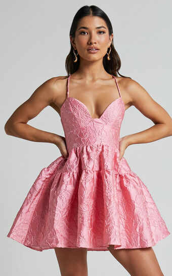 Clare Mini Dress Bust Panel Jacqauard Full Skirt in Pink 