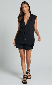 Marlee Two Piece Set - Linen Look Button Through Vest and Shorts Set in Black