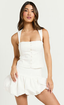 Abellina Top - Square Neck Open Back Button Down Fitted Top in White