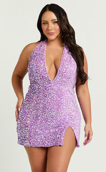 Benita Mini Dress - Plunge Halter Low Back Sequin Dress in Lilac