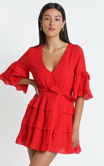 Meet Me In The Sun Mini Dress - Tie Waist Tiered Dress in Red