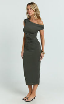 Jiean Midi Dress - Short Sleeve Tipped Neckline Dress in Moss