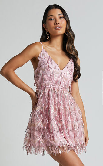 Khrizza Mini Dress - Sequin Gathered Dress in Light Pink