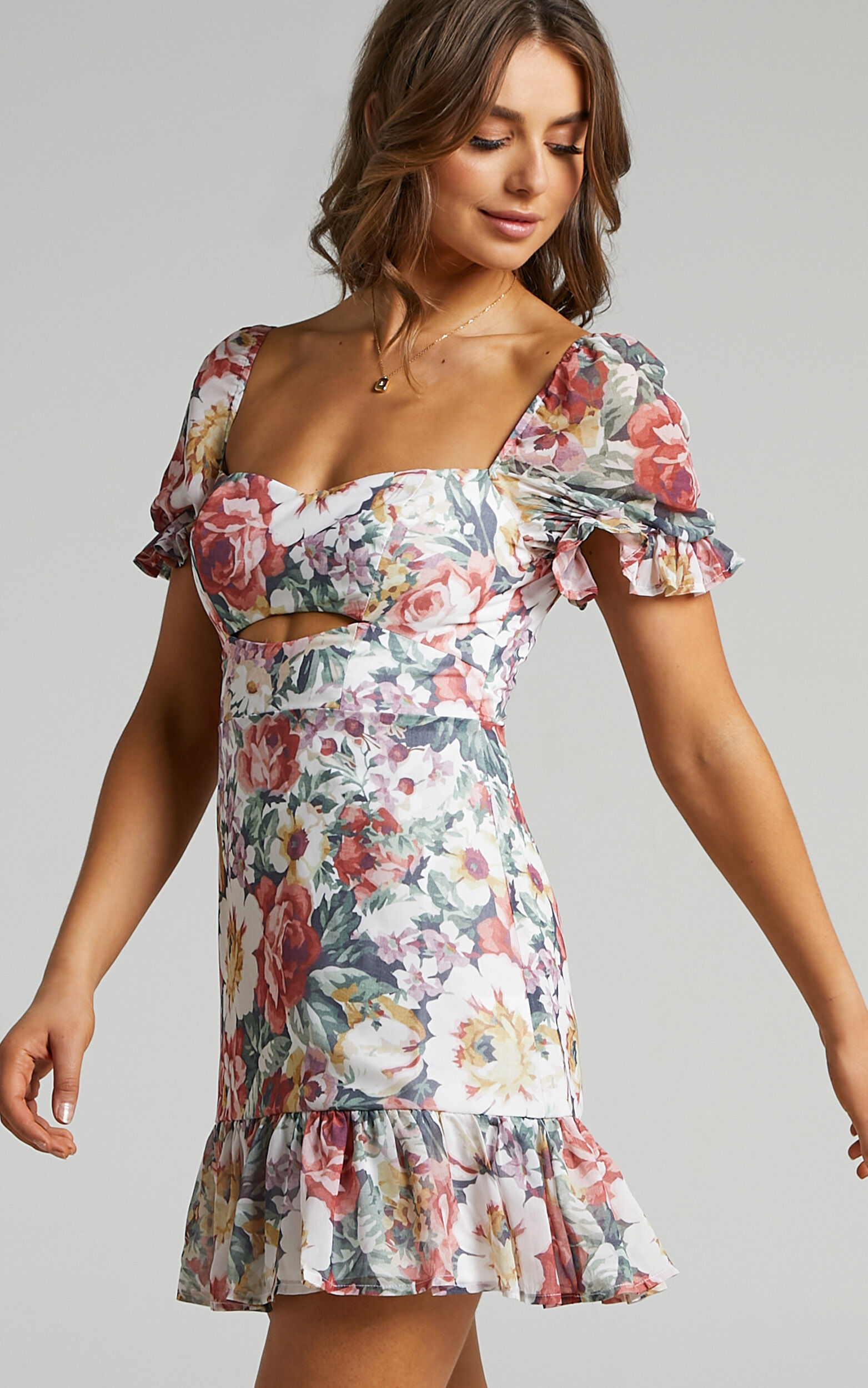 Darah Mini Dress with Ruffle Hem and Sleeves in Heritage Floral | Showpo