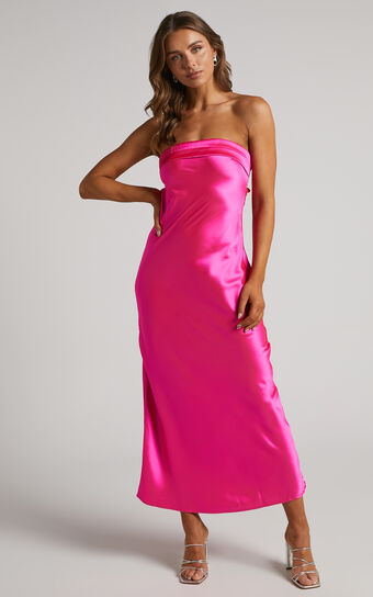 Tracey Maxi Dress - Strapless Back Drape Satin Dress in Pink